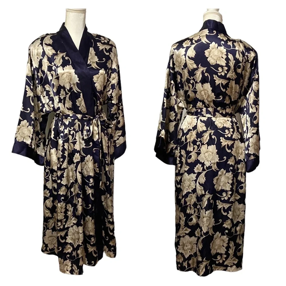 80’s VTG Adonna Kimono Satin Women’s Medium Floral Print Robe Navy Blue Romantic